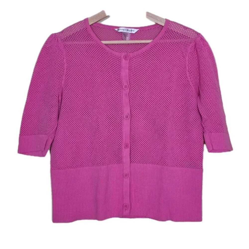 Bianca Nygard Cardigan Womens XL Hot Pink SS Button Up Round Neck Boho Open Knit